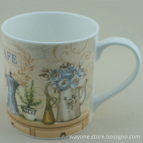 Fine China Coffee Mug, Design like Coffee Table/Pitcher/Coffee Maker, Flowers/Beige Ground/Food Safe